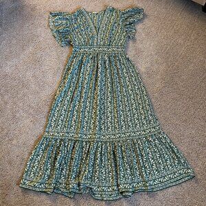 Max Studio Dress Womens L Green Cream Floral Kaftan Flutter Sleeve Ruffle Hem